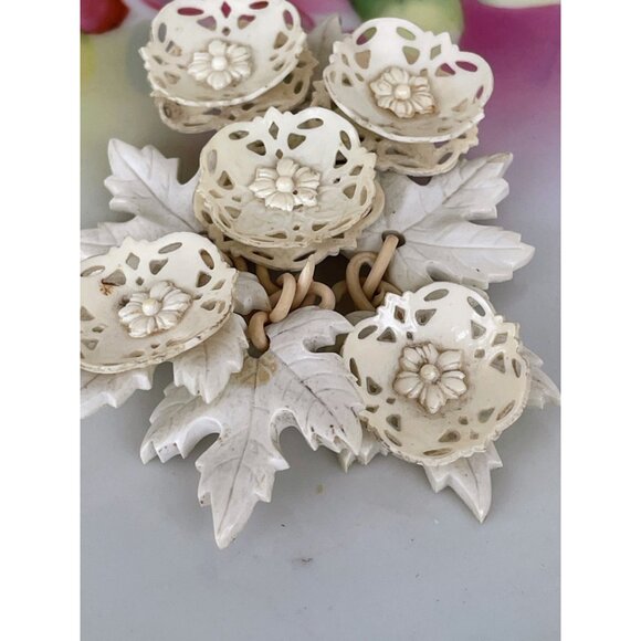 Vintage 1930s Carved Celluloid Large Dangle Brooch Leaves Flowers - Picture 11 of 12